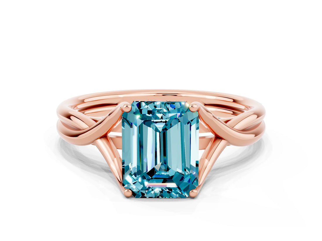 Rose gold Emerald Cut Blue Topaz Solitaire Twist Band Prong Setting Ring_60