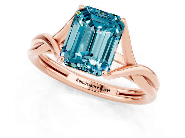 Rose gold Emerald Cut Blue Topaz Solitaire Twist Band Prong Setting Ring
