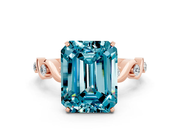 Rose gold Emerald Cut Blue Topaz Solitaire Twisted Band with Round  Accents and Prong Setting