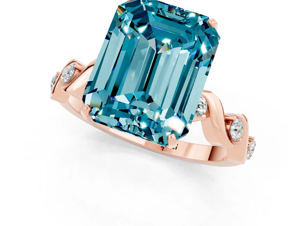 Rose gold Emerald Cut Blue Topaz Solitaire Twisted Band with Round  Accents and Prong Setting