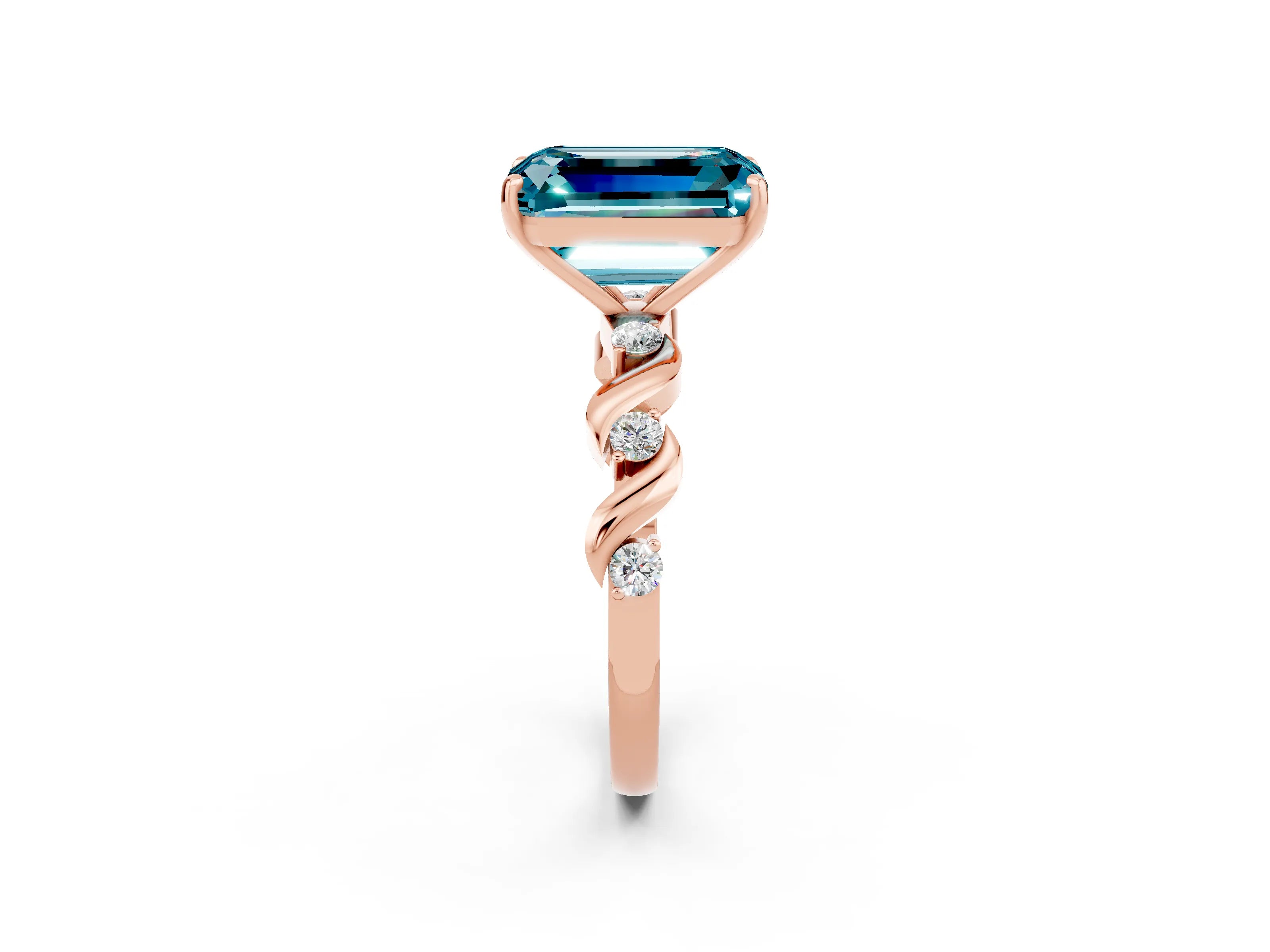 Rose gold Emerald Cut Blue Topaz Solitaire Twisted Band with Round  Accents and Prong Setting_14