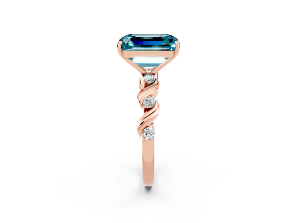 Rose gold Emerald Cut Blue Topaz Solitaire Twisted Band with Round  Accents and Prong Setting