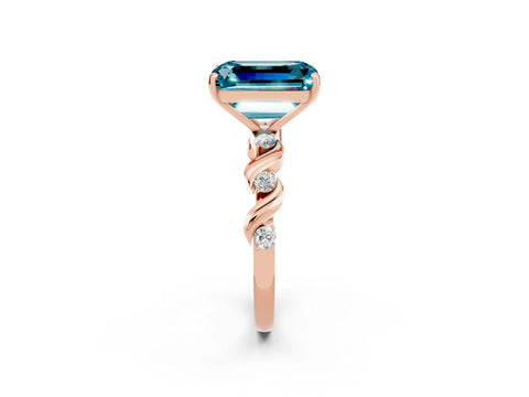 Rose gold Emerald Cut Blue Topaz Solitaire Twisted Band with Round  Accents and Prong Setting_14