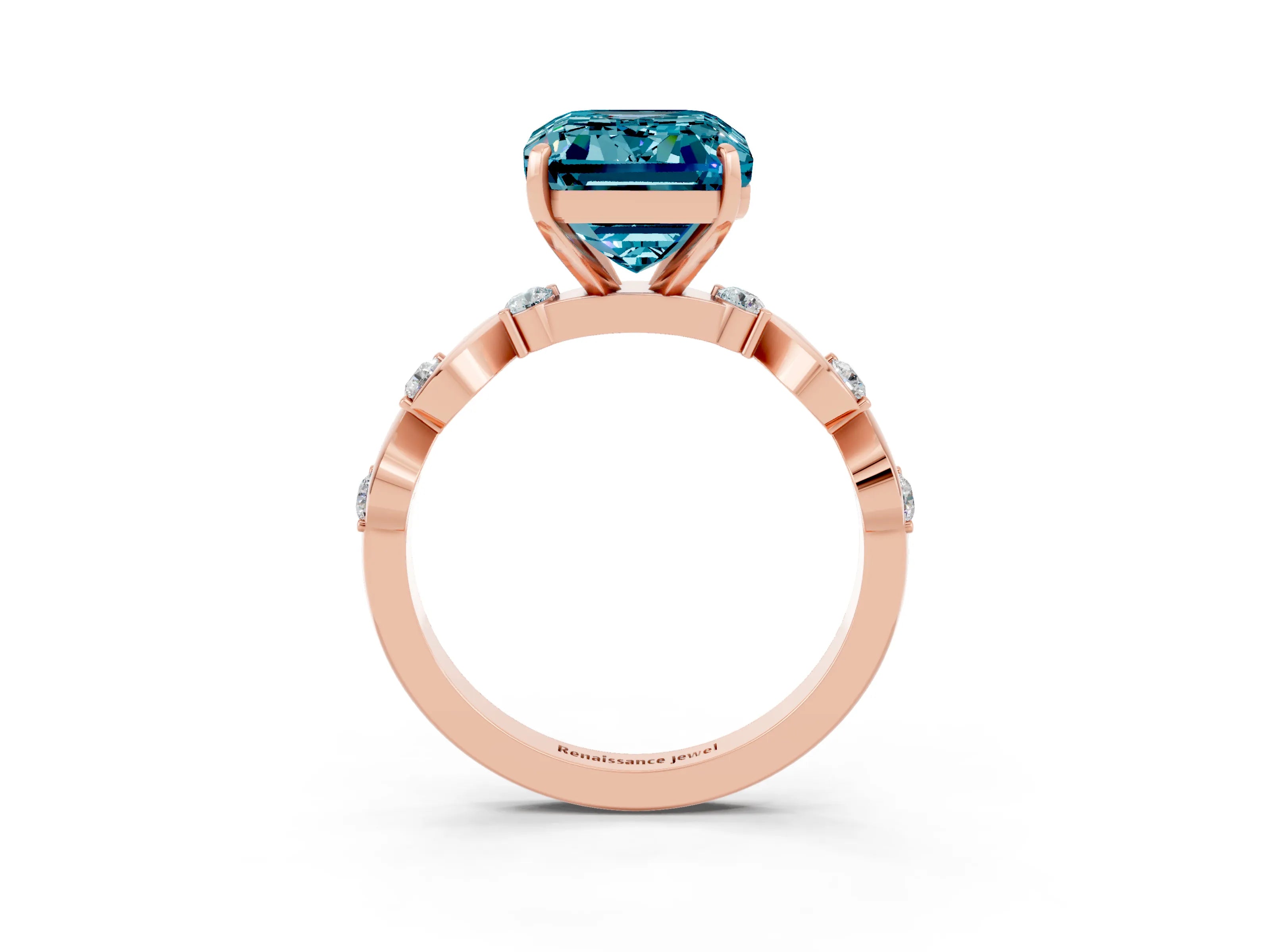 Rose gold Emerald Cut Blue Topaz Solitaire Twisted Band with Round  Accents and Prong Setting_15