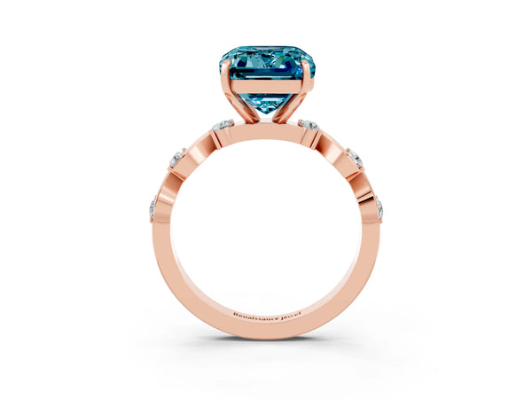 Rose gold Emerald Cut Blue Topaz Solitaire Twisted Band with Round  Accents and Prong Setting