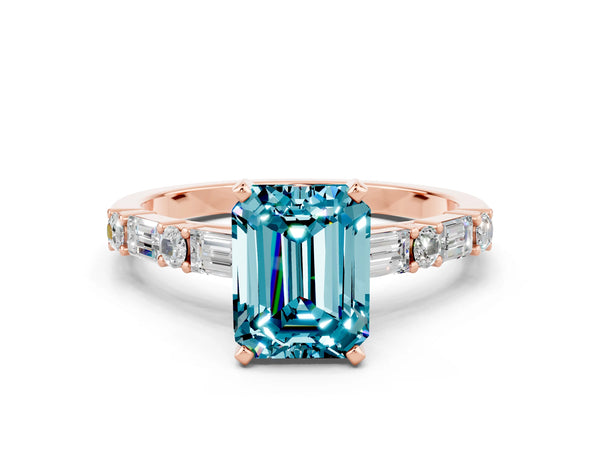 Rose gold Emerald Cut Blue Topaz Solitaire with Side Baguettes and Channel Set Band