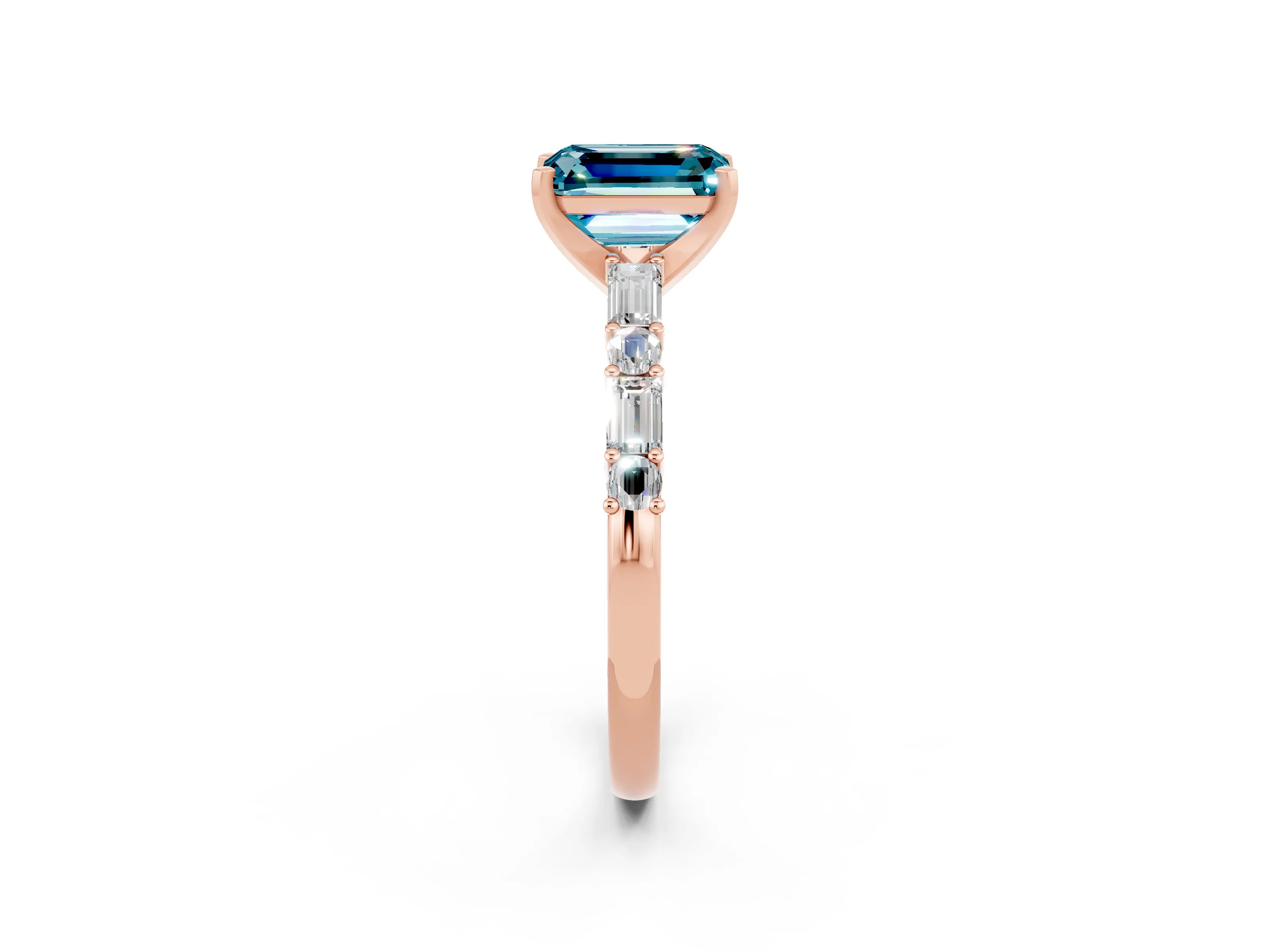 Rose gold Emerald Cut Blue Topaz Solitaire with Side Baguettes and Channel Set Band_2