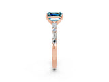 Rose gold Emerald Cut Blue Topaz Solitaire with Side Baguettes and Channel Set Band_2