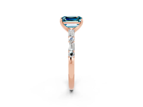 Rose gold Emerald Cut Blue Topaz Solitaire with Side Baguettes and Channel Set Band_2