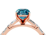 Rose gold Emerald Cut Blue Topaz Solitaire with Side Baguettes and Channel Set Band_4