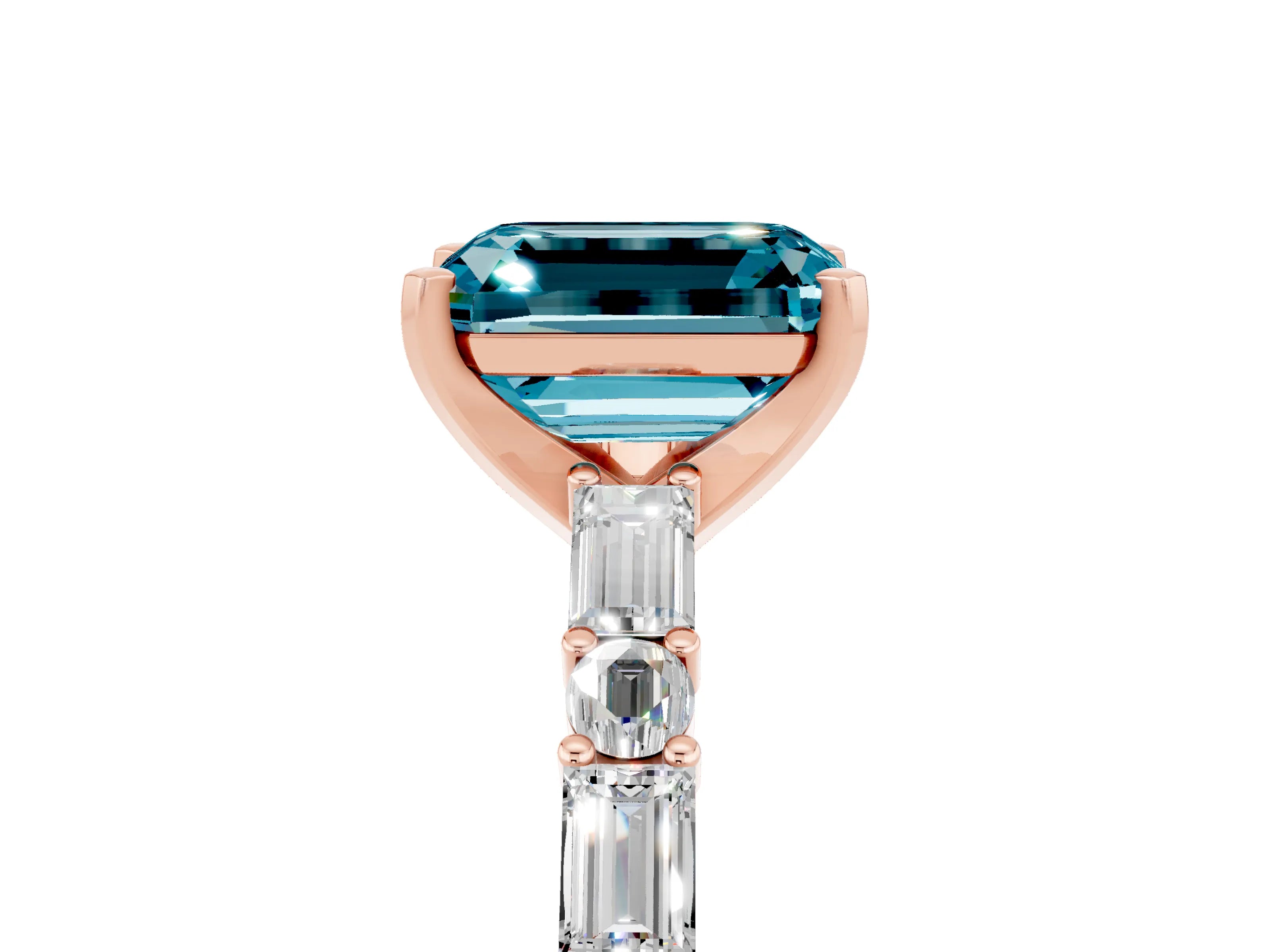 Rose gold Emerald Cut Blue Topaz Solitaire with Side Baguettes and Channel Set Band_5