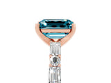 Rose gold Emerald Cut Blue Topaz Solitaire with Side Baguettes and Channel Set Band_5