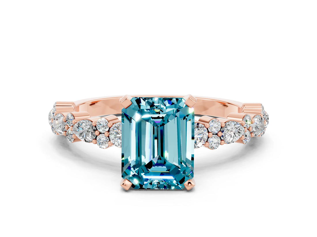 Rose gold Emerald Cut Blue Topaz Solitaire with Side Stones, Pave Band, Four-Prong Setting_24