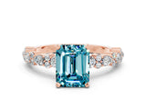 Rose gold Emerald Cut Blue Topaz Solitaire with Side Stones, Pave Band, Four-Prong Setting_24