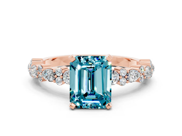 Rose gold Emerald Cut Blue Topaz Side Stone Solitaire Ring with Round  and Four-Prong Setting