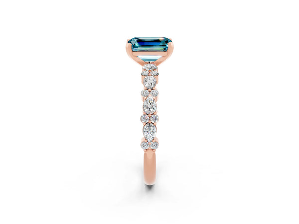 Rose gold Emerald Cut Blue Topaz Side Stone Solitaire Ring with Round  and Four-Prong Setting