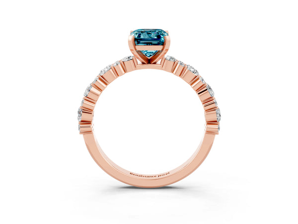Rose gold Emerald Cut Blue Topaz Side Stone Solitaire Ring with Round  and Four-Prong Setting