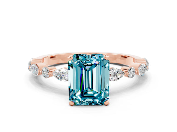 Rose gold Emerald Cut Blue Topaz Ring with Marquise and Round  Side Stones and Four-Prong Setting