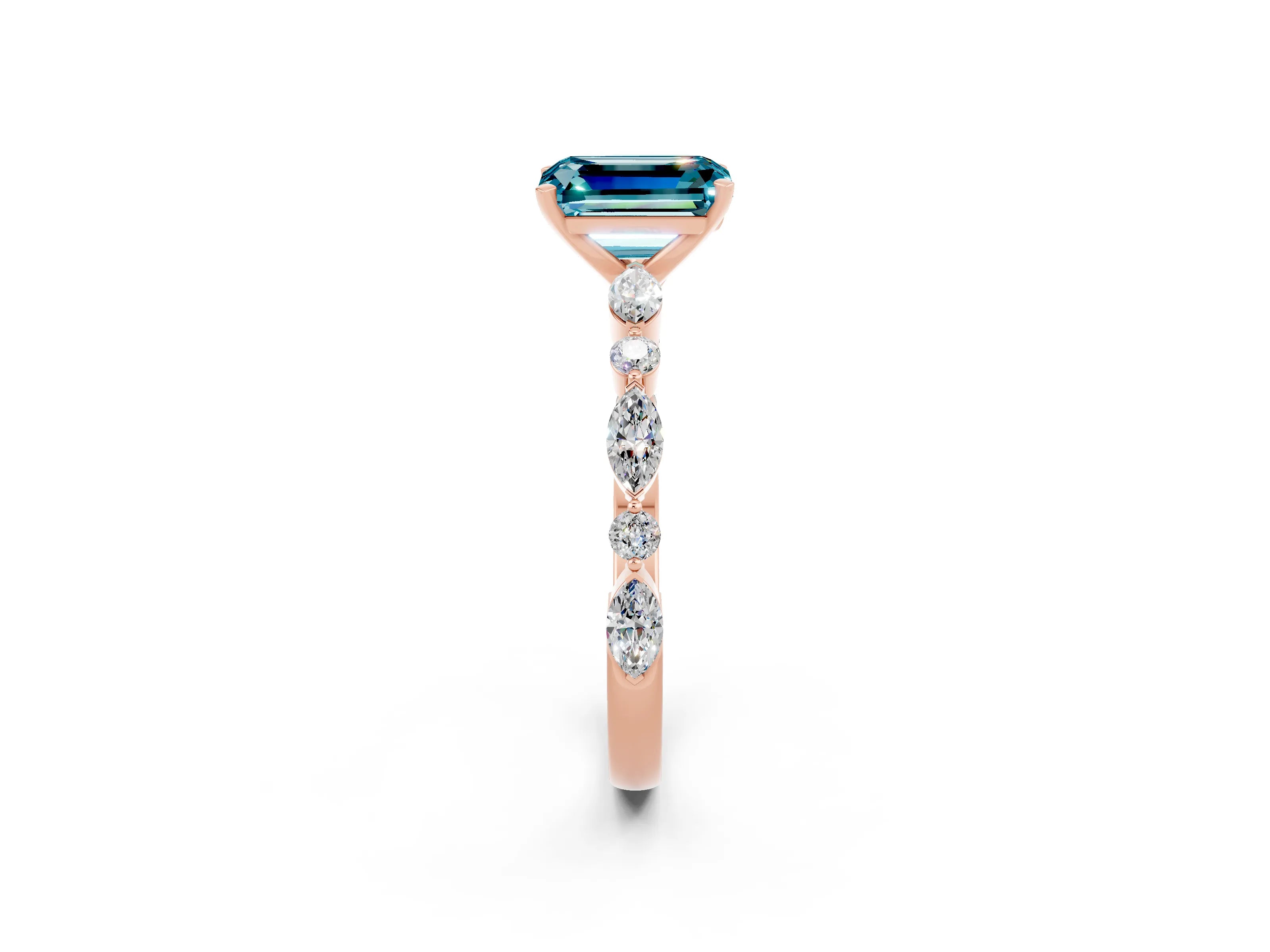 Rose gold Emerald Cut Blue Topaz Solitaire with Side Stones on a Pavé Band and Four-Prong Setting_2