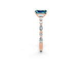 Rose gold Emerald Cut Blue Topaz Solitaire with Side Stones on a Pavé Band and Four-Prong Setting_2