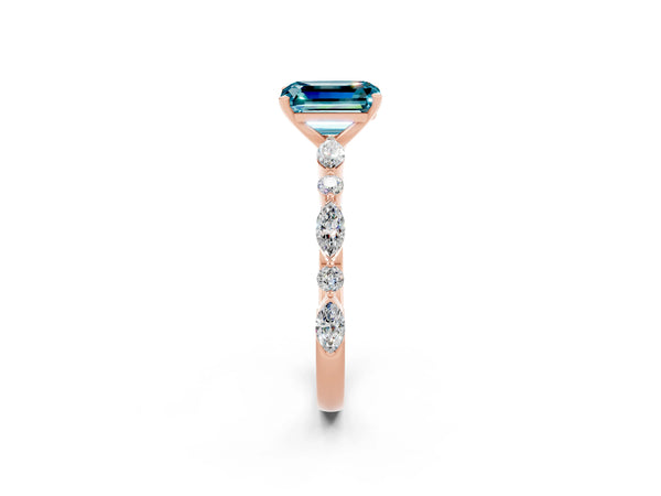 Rose gold Emerald Cut Blue Topaz Ring with Marquise and Round  Side Stones and Four-Prong Setting