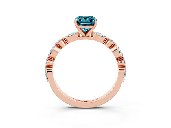 Rose gold Emerald Cut Blue Topaz Ring with Marquise and Round  Side Stones and Four-Prong Setting