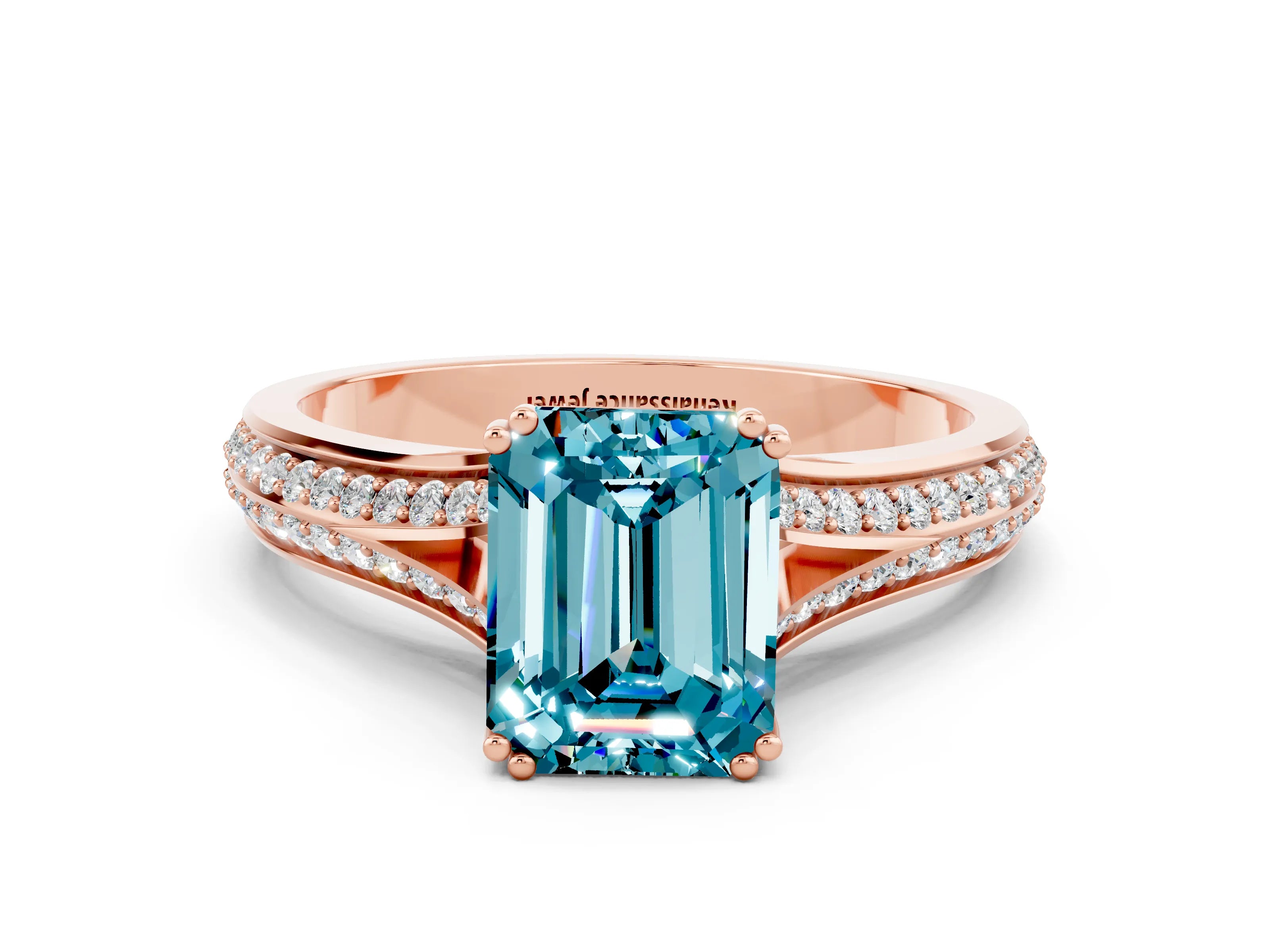 Rose gold Emerald Cut Blue Topaz Split Shank Engagement Ring with Pavé Band