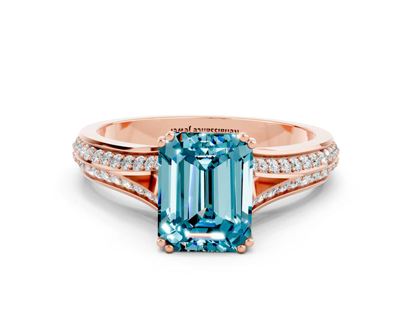 Rose gold Emerald Cut Blue Topaz Split Shank Engagement Ring with Pavé Band