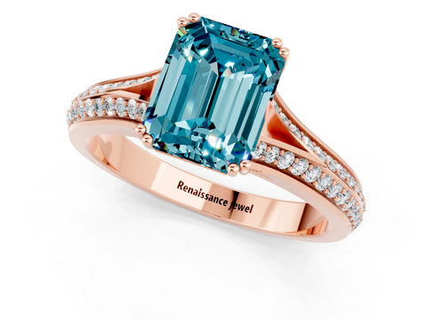 Rose gold Emerald Cut Blue Topaz Split Shank Engagement Ring with Pavé Band_1
