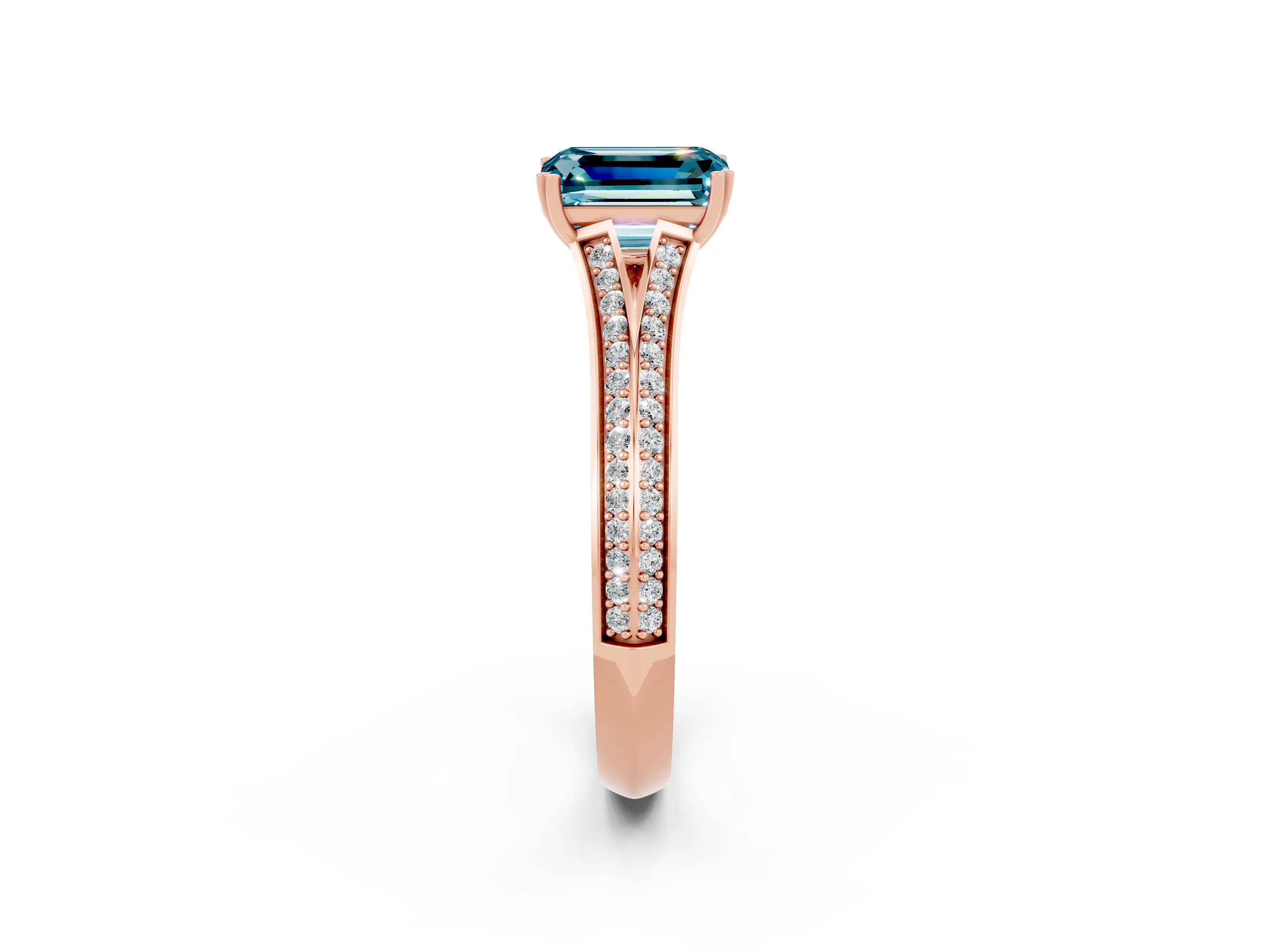 Rose gold Emerald Cut Blue Topaz Split Shank Engagement Ring with Pavé Band_2