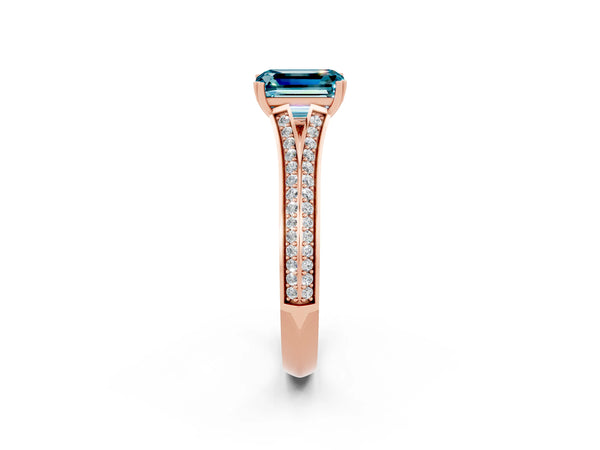 Rose gold Emerald Cut Blue Topaz Split Shank Engagement Ring with Pavé Band