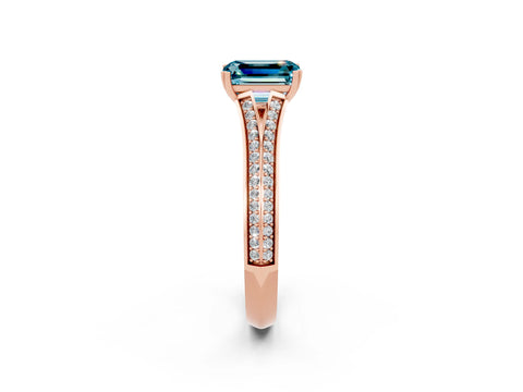 Rose gold Emerald Cut Blue Topaz Split Shank Engagement Ring with Pavé Band_2