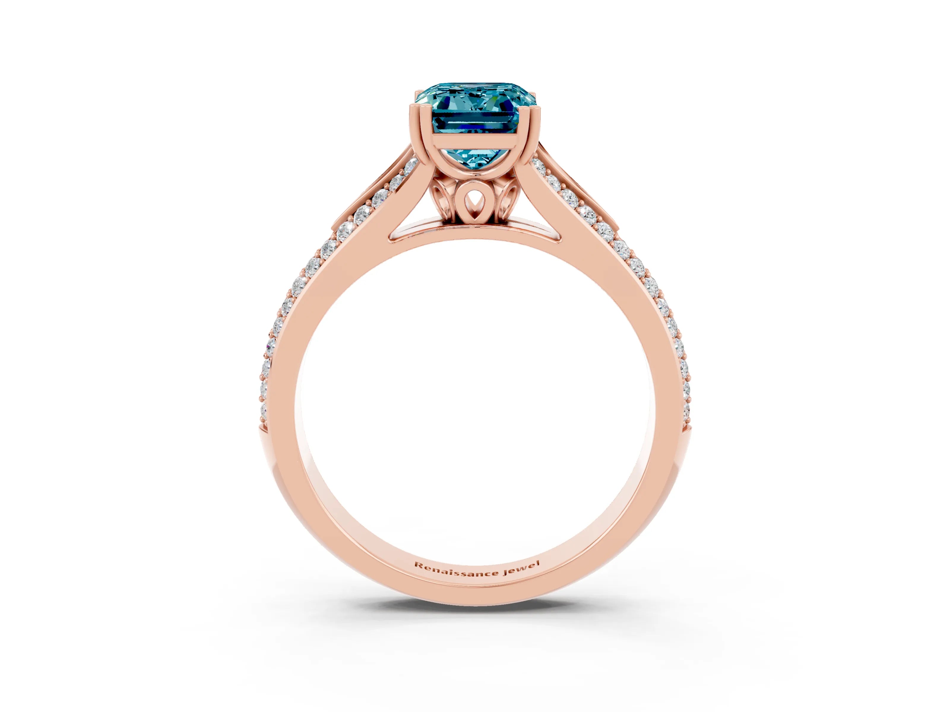 Rose gold Emerald Cut Blue Topaz Split Shank Engagement Ring with Pavé Band_3