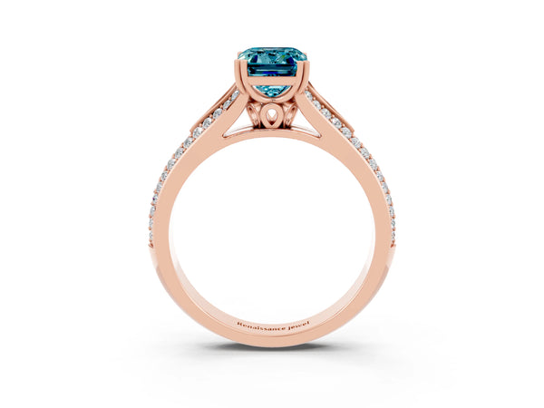 Rose gold Emerald Cut Blue Topaz Split Shank Engagement Ring with Pavé Band