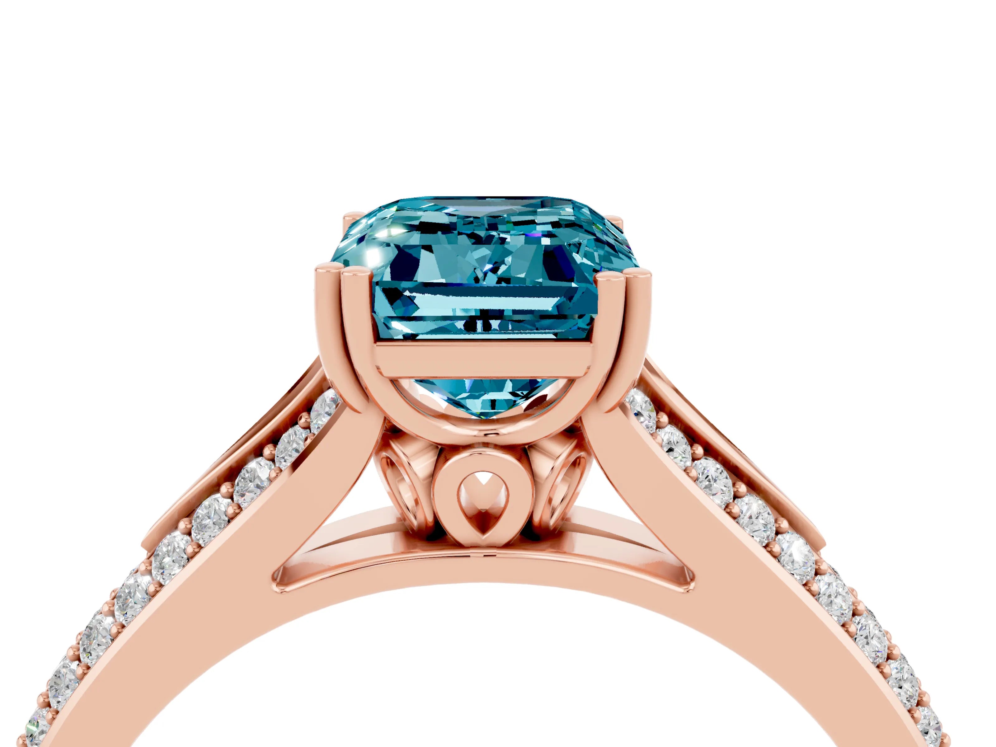 Rose gold Emerald Cut Blue Topaz Split Shank Engagement Ring with Pavé Band_4