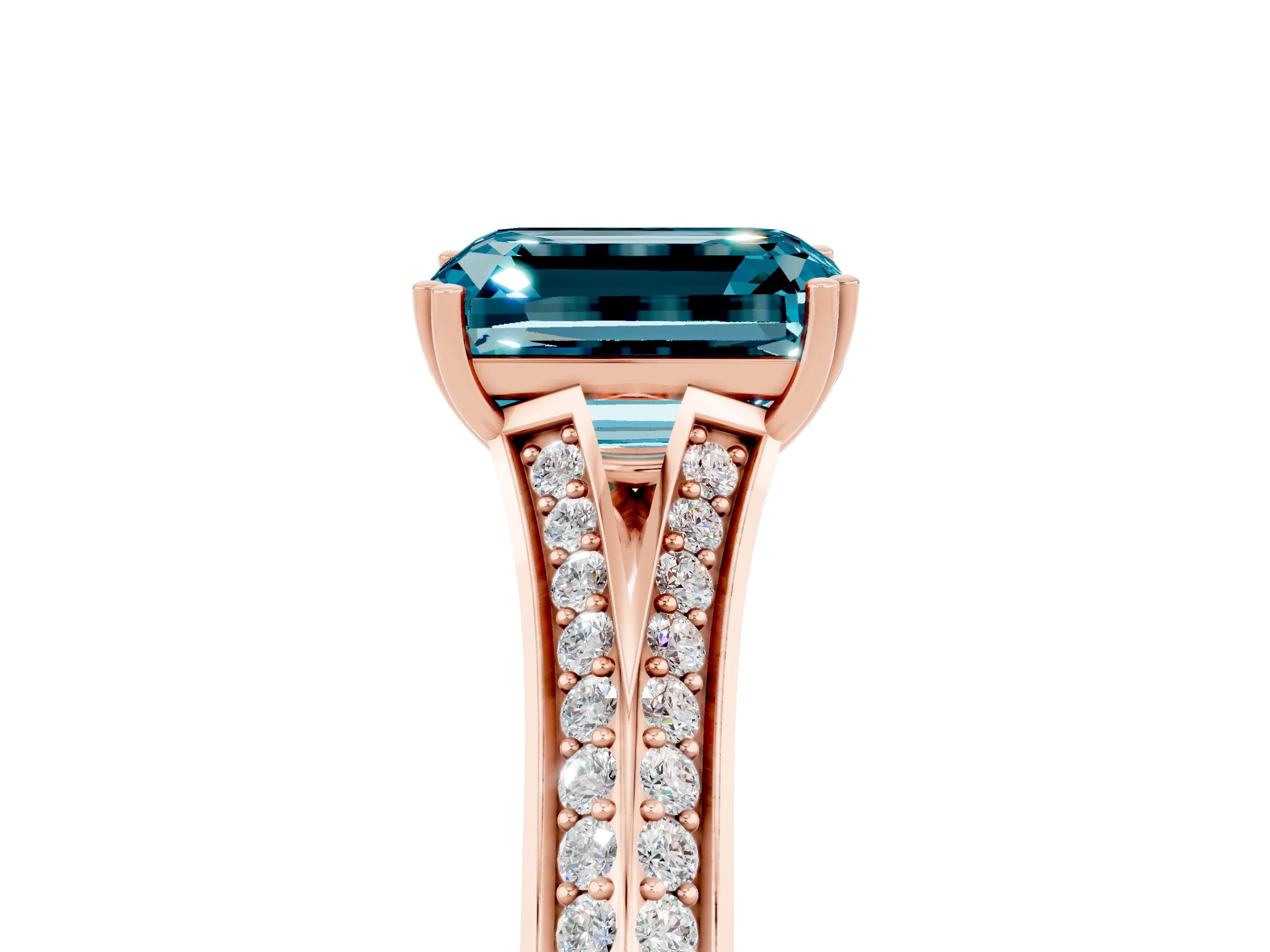 Rose gold Emerald Cut Blue Topaz Split Shank Engagement Ring with Pavé Band_5