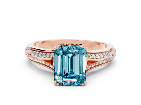 Rose gold Emerald Cut Blue Topaz Split Shank Engagement Ring with Pavé Band