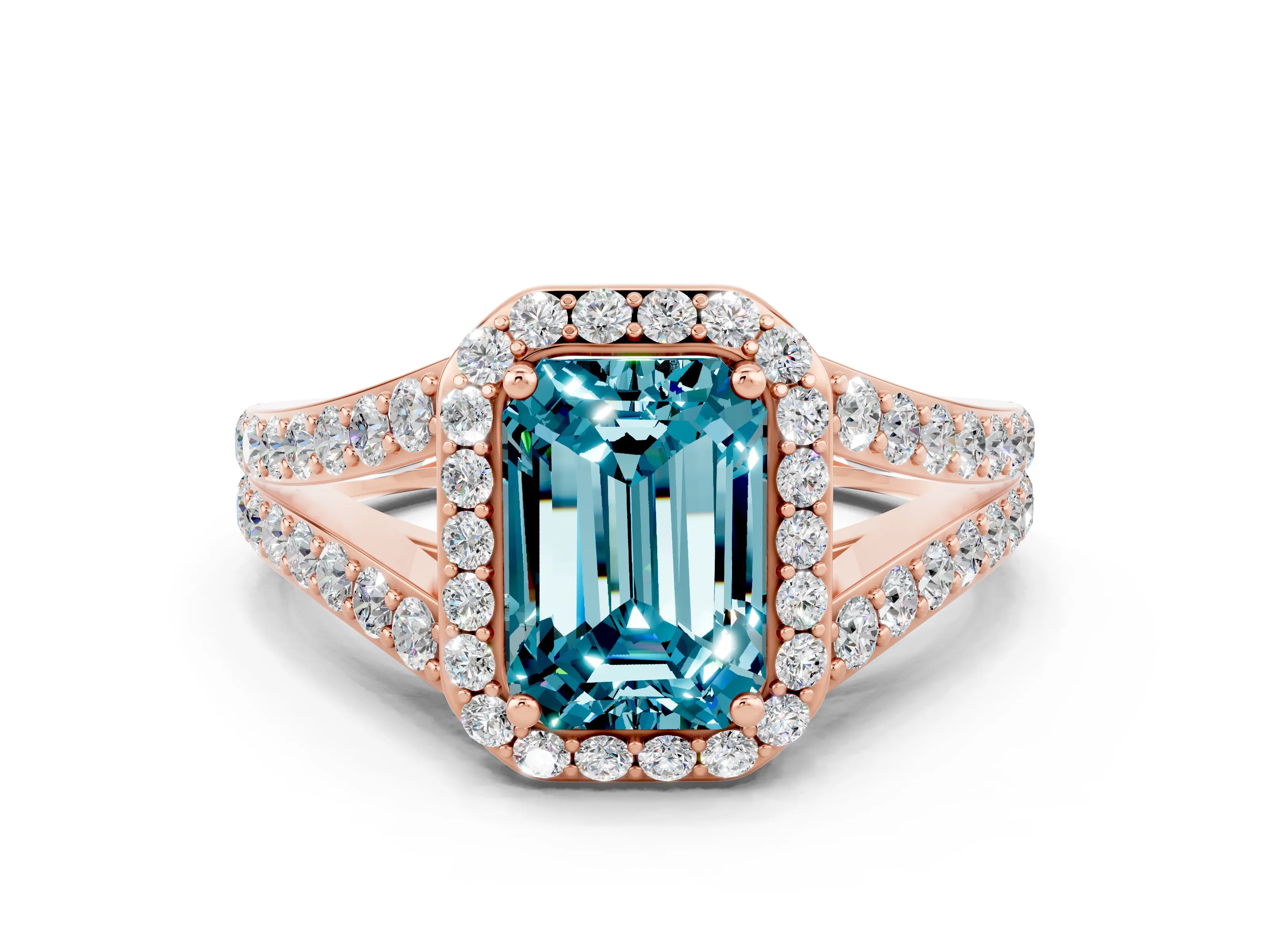 Rose gold Emerald Cut Blue Topaz Split Shank Halo Ring with Four-Prong Setting_12