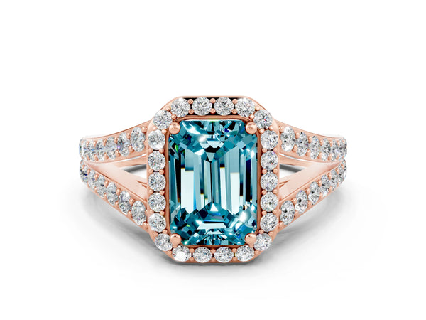 Rose gold Emerald Cut Blue Topaz Split Shank Halo Ring with Four-Prong Setting
