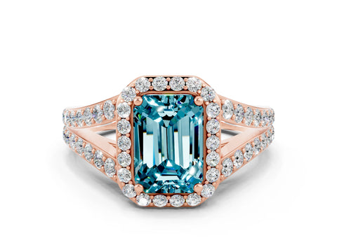 Rose gold Emerald Cut Blue Topaz Split Shank Halo Ring with Four-Prong Setting_12