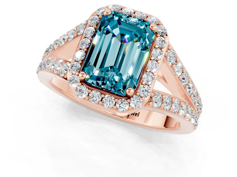 Rose gold Emerald Cut Blue Topaz Split Shank Halo Ring with Four-Prong Setting_13