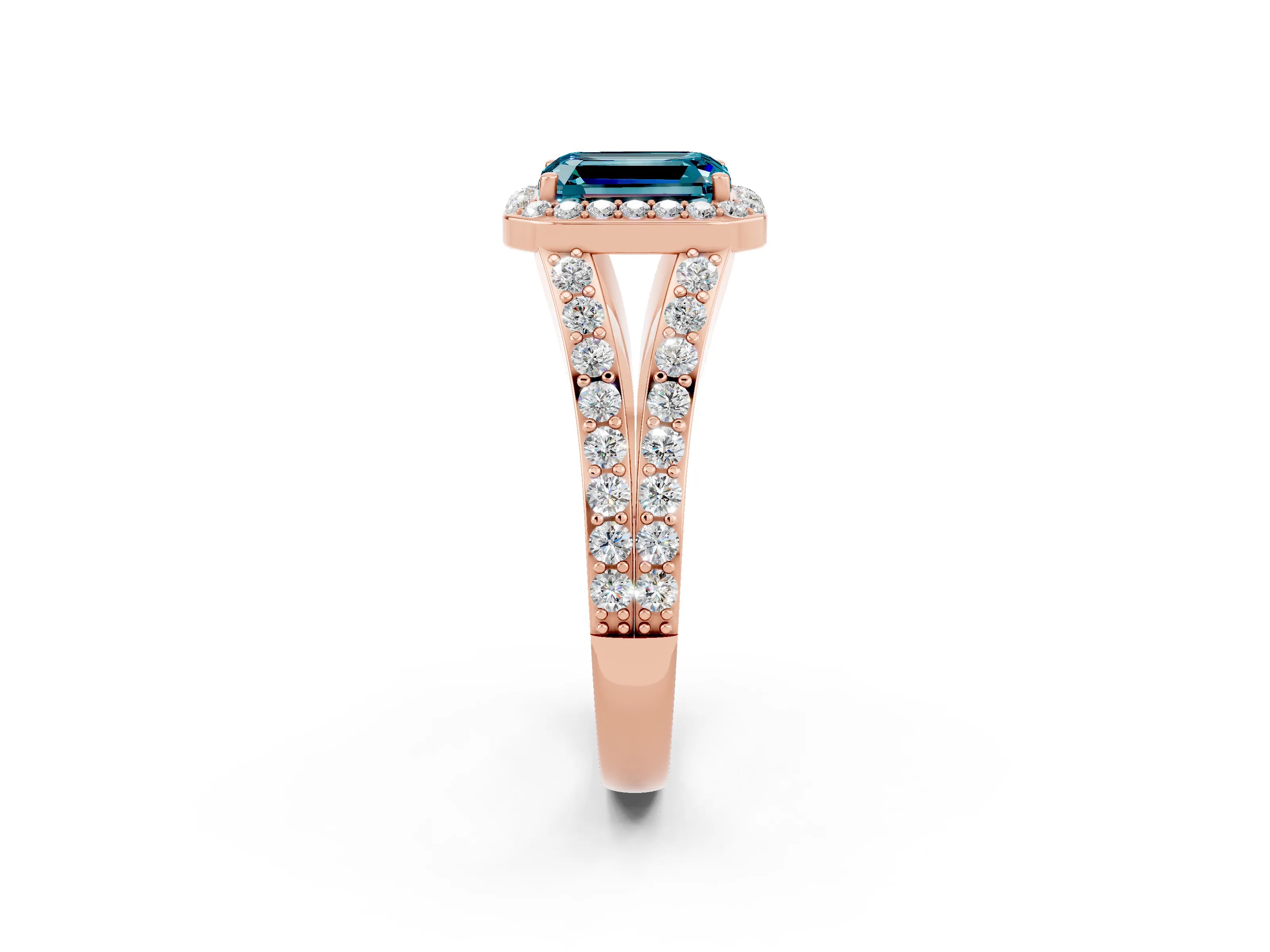 Rose gold Emerald Cut Blue Topaz Split Shank Halo Ring with Four-Prong Setting_14