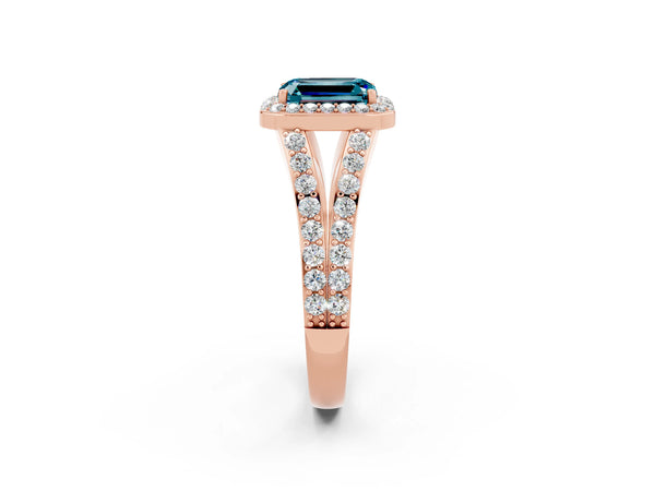 Rose gold Emerald Cut Blue Topaz Split Shank Halo Ring with Four-Prong Setting