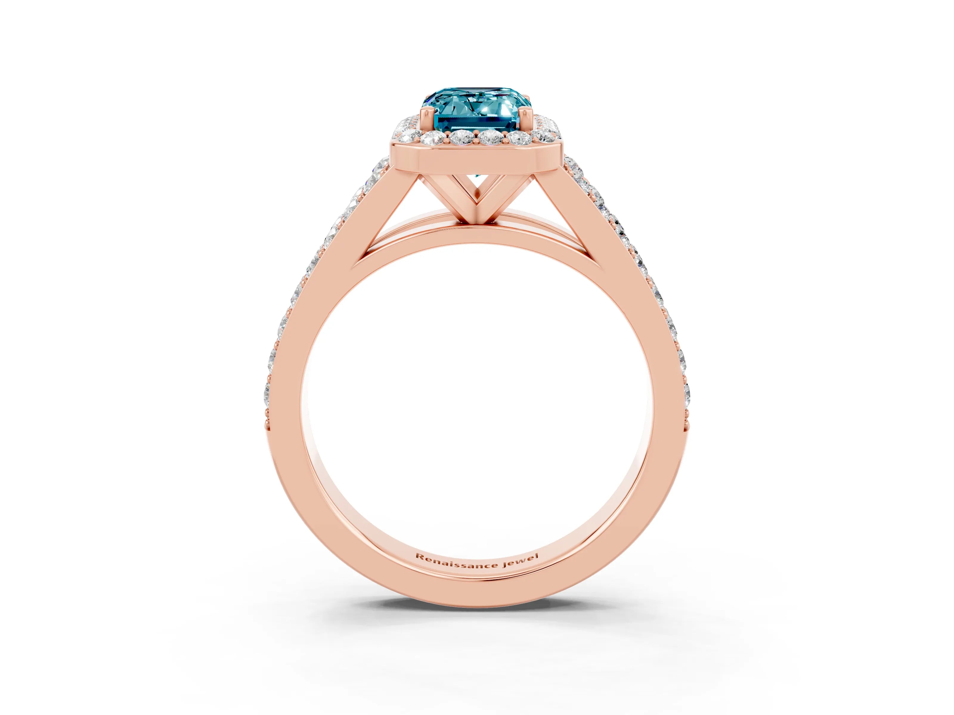 Rose gold Emerald Cut Blue Topaz Split Shank Halo Ring with Four-Prong Setting_15