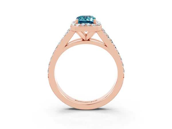 Rose gold Emerald Cut Blue Topaz Split Shank Halo Ring with Four-Prong Setting