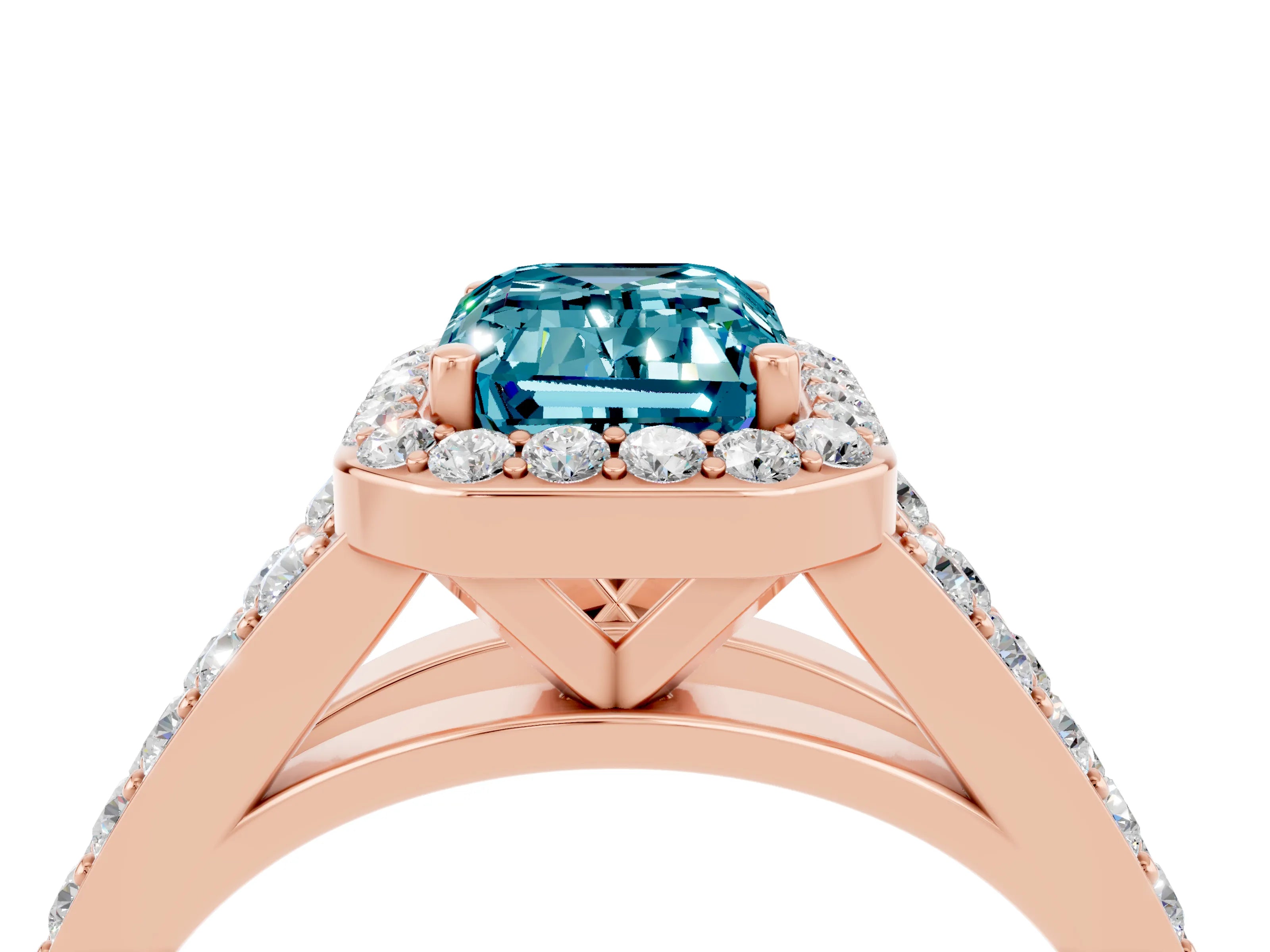 Rose gold Emerald Cut Blue Topaz Split Shank Halo Ring with Four-Prong Setting_16