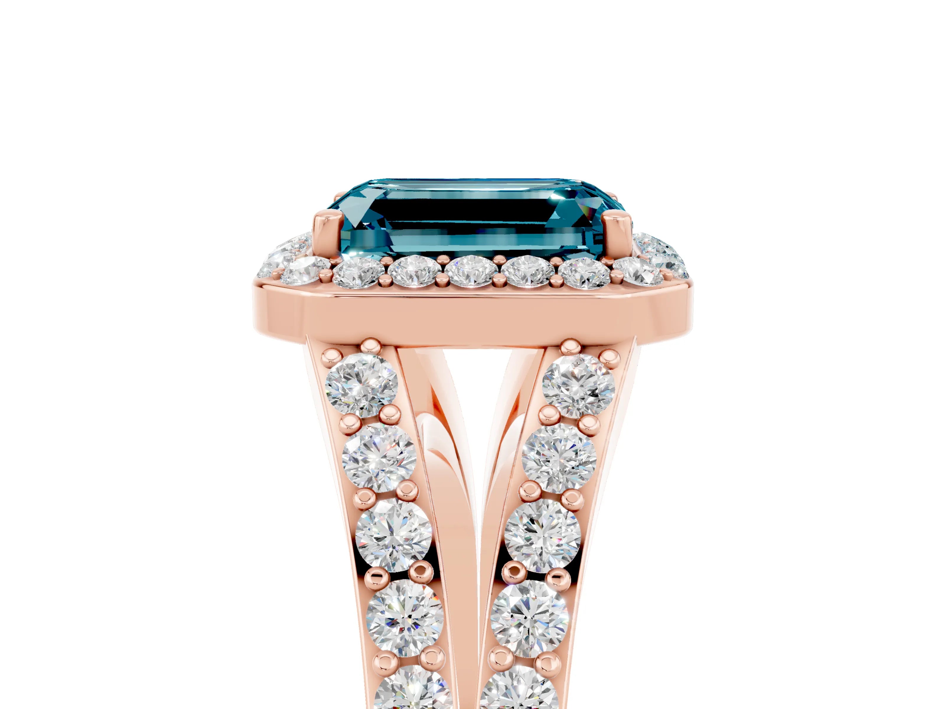 Rose gold Emerald Cut Blue Topaz Split Shank Halo Ring with Four-Prong Setting_17