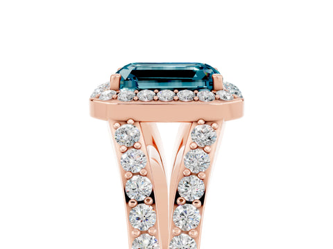 Rose gold Emerald Cut Blue Topaz Split Shank Halo Ring with Four-Prong Setting_17
