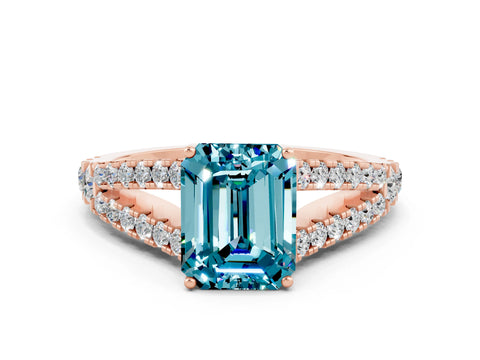 Rose gold Emerald Cut Blue Topaz Split Shank Pavé Engagement Ring with Four-Prong Setting_12
