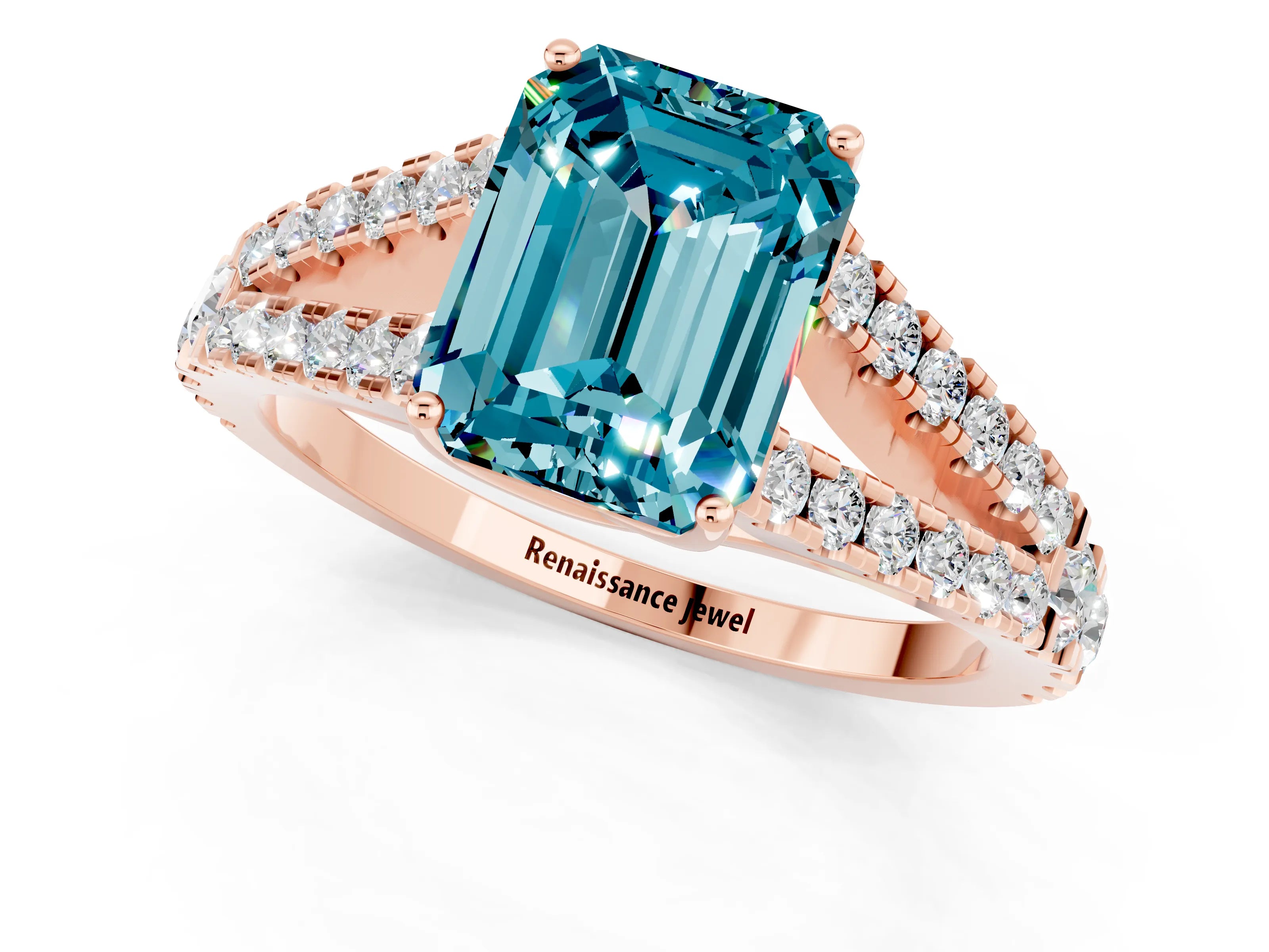 Rose gold Emerald Cut Blue Topaz Split Shank Pavé Engagement Ring with Four-Prong Setting_13